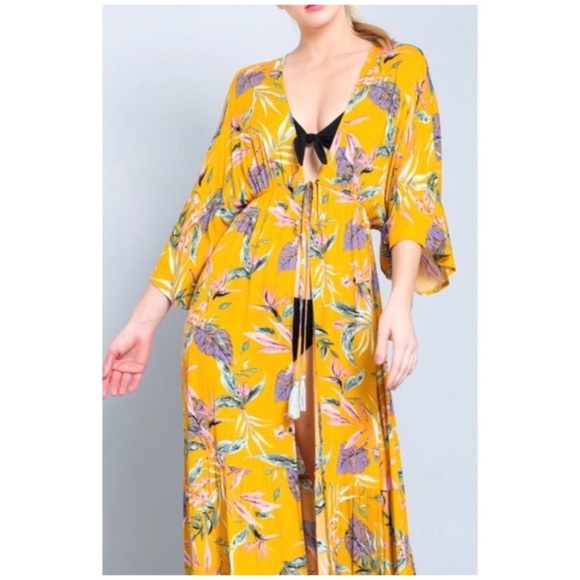 Mustard Floral Maxi Kimono Coverup Wrap Duster - Picture 3 of 8